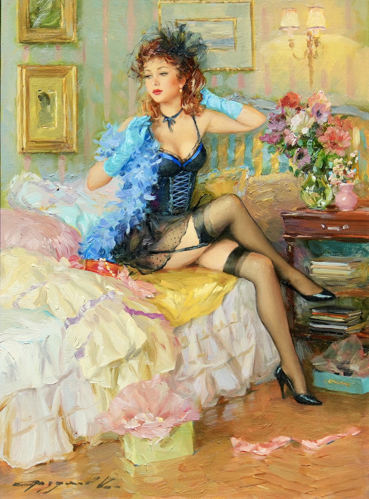 Girl in bedroom with blue feather